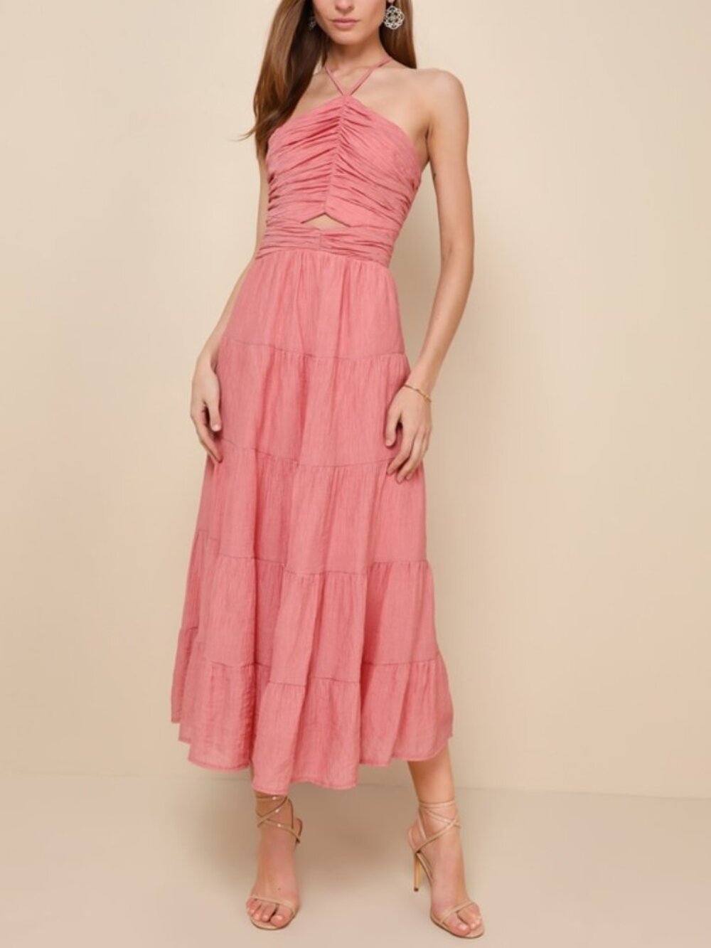 Lulus Effortless Sweetness Rusty Rose Ruched Lace-up Tiered Midi Dress Pink